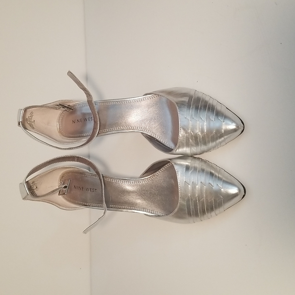 Vintage Silver Nine West Pointy Toe Ankle Strap Heel